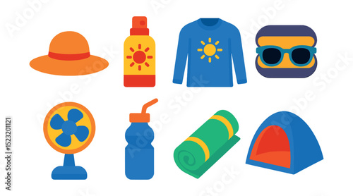 Flat vector icons of sun protection and comfort: wide-brimmed hat, sunscreen spray bottle, UV-protection shirt, sunglasses with case, cooling fan, water bottle with straw, beach mat roll, portable