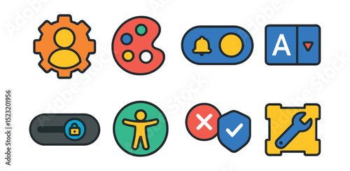 Flat vector icons of preference settings and personalization: user profile gear, theme selection palette, notification toggle, language selection dropdown, privacy slider, accessibility options,