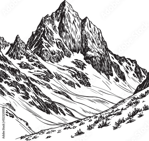 A simple and clear name for the image could be:
Snowy Mountain Landscape in Winter with Peaks and Clouds