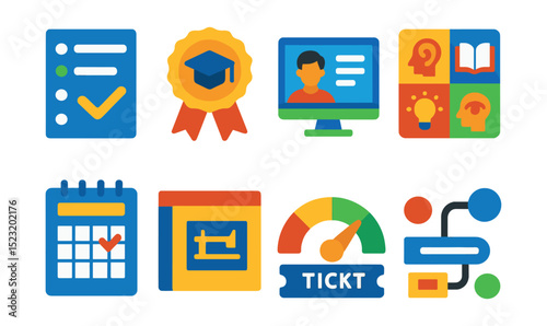 Flat vector icons of educational choices and learning paths: course selection menu, degree certificate badge, online class screen, learning style icons, study schedule planner, skill level meter,