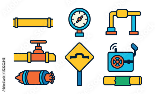 Flat vector icons of natural gas pipeline infrastructure: main pipeline stretch, pipeline valve station, pressure monitoring gauge, pipeline support bracket, inspection pig tool, pipeline crossing