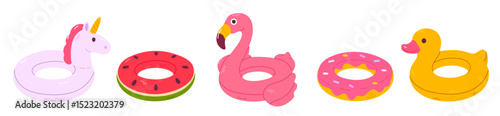 Collection of five inflatable pool floats shaped like unicorn, watermelon, flamingo, donut, and duck, perfect for summer design kits and kids' vacation graphics