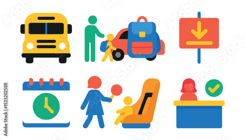 Flat vector icons of preschool transportation and arrival: school bus icon, parent drop-off, child’s backpack, arrival sign, pickup schedule, safety crossing, car seat, check-in desk.