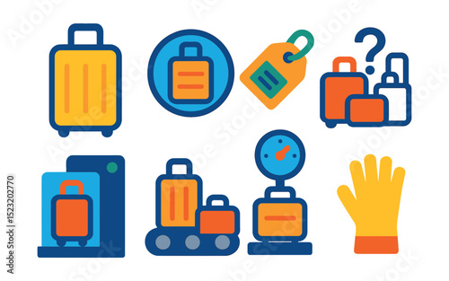 Flat vector icons of airport luggage and baggage: suitcase icon, carry-on bag badge, luggage tag, lost luggage claim, baggage scanner, conveyor belt, luggage scale, baggage handler gloves.