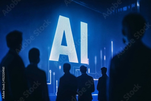 Silhouettes of diverse groups of people are captivated and mesmerized by an AI display at an innovative tech event