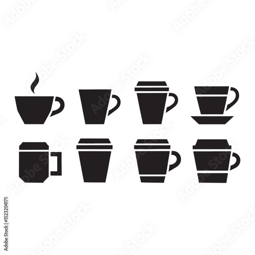 Various styles of coffee cups and mugs in silhouette, suitable for cafe menus or beverage illustrations.