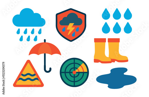 Flat vector icons of rain and precipitation: rain cloud icon, thunderstorm badge, umbrella, rain boots, raindrop pattern, weather radar, flood warning, water puddle.