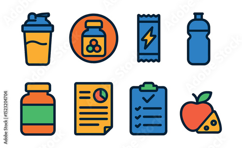 Flat vector icons of gym nutrition and supplements: protein shake icon, vitamin bottle badge, energy bar, water bottle, supplement jar, nutrition label, diet plan, healthy snack.
