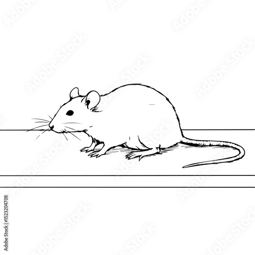 House mouse mus musculus illustration. Detailed drawing of small rodent sitting on flat surface. Simple line art of common house mouse perfect for educational materials, science publications,