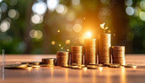 Financial Growth and Investment: Golden Coins Stacked with a Plant Sprout, Representing Wealth, Prosperity, and  Successful Business