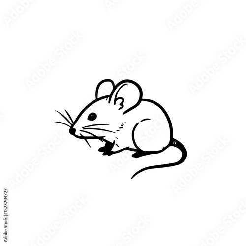 Cute house mouse mus musculus illustration. Small rodent sitting on white background. Simple line drawing of mouse for children's book, educational poster, or laboratory research.