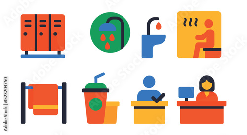 Flat vector icons of gym facilities and amenities: locker room icon, shower badge, water fountain, sauna, towel rack, smoothie bar, personal trainer desk, gym reception.