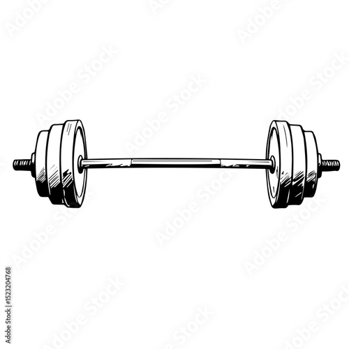 Weightlifting barbell with plates. Fitness equipment for strength training. Barbell sketch for gym posters or fitness blogs.