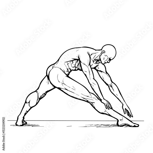 Human anatomy drawing showing side stretch pose.  Detailed illustration of muscular figure performing a leg stretch exercise. This anatomical study is perfect for fitness guides, medical publications,