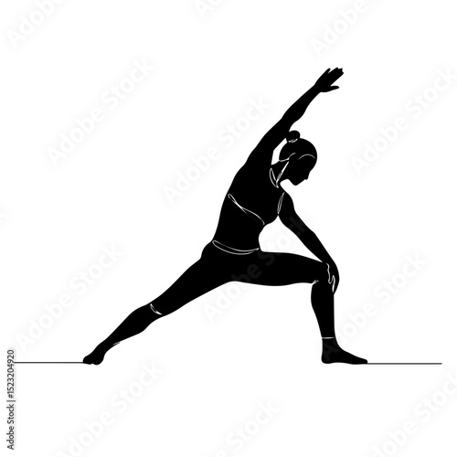 Woman doing yoga pose, fitness exercise, stretching body.  Silhouette of female athlete in activewear performing a side lunge stretch.  This dynamic yoga posture is perfect for fitness studios,
