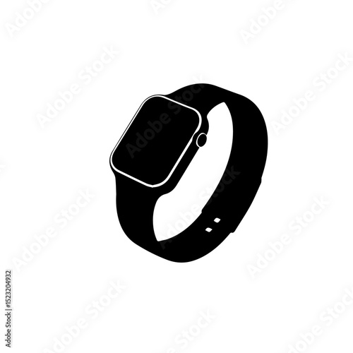 Smartwatch fitness tracker on wrist. Stylish black smartwatch with rectangular screen and strap. Modern device for health monitoring and fitness tracking.  This image is perfect for fitness apps,