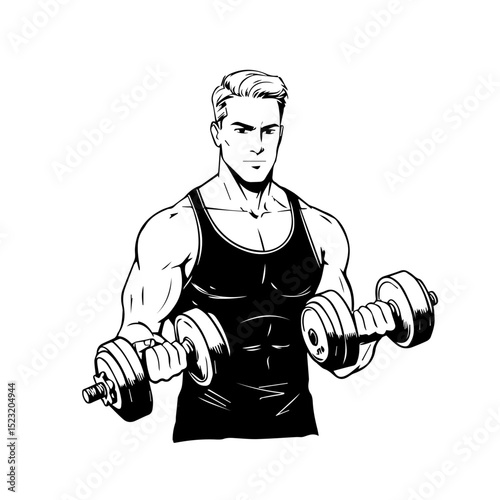 Muscular man lifting dumbbells. Strong athlete exercising with weights. Fitness illustration for gym posters, workout plans, or fitness apps.