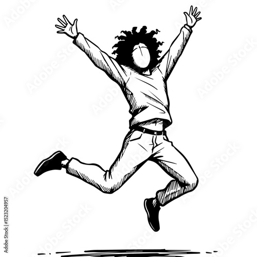 Person jumping high with arms outstretched, expressing pure joy and excitement. This dynamic illustration captures feeling of freedom and happiness. Image ideal for fitness center promotions,