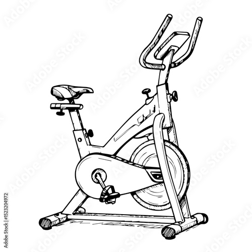 Stationary bike sketch for fitness center brochure. This detailed spin bike drawing shows all important components: seat, pedals, handlebars, and frame.