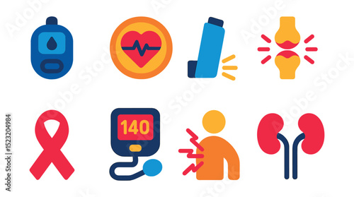 Flat vector icons of chronic diseases: diabetes icon, heart disease badge, asthma inhaler, arthritis joint, cancer ribbon, hypertension monitor, chronic pain symbol, kidney failure.