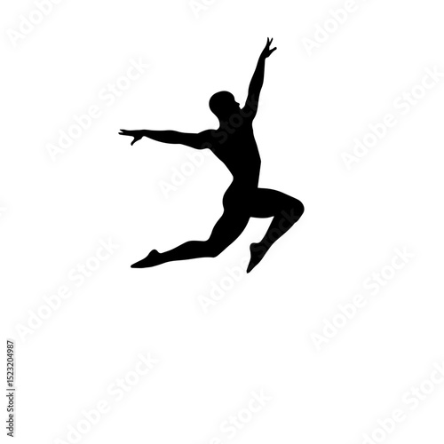 Dynamic dancer silhouette leaping high in graceful pose.  Athletic figure showcases flexibility and strength.  Silhouette ideal for dance studio promotion, fitness center advertising,