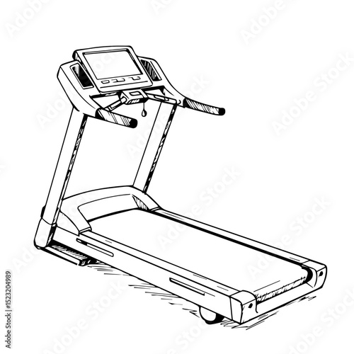 Modern treadmill for fitness training. Stylish running machine with display and handrails. Exercise equipment for home gym or fitness center.