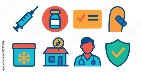 Flat vector icons of vaccination and immunization: syringe icon, vaccine vial badge, immunization card, injection site, vaccine cold chain, vaccination clinic, health worker, immunity shield.