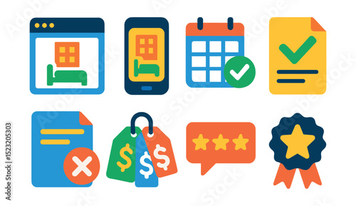Flat vector icons of hotel booking platforms: website icon, mobile booking app badge, calendar availability, booking confirmation, cancellation policy, price comparison, customer reviews, loyalty