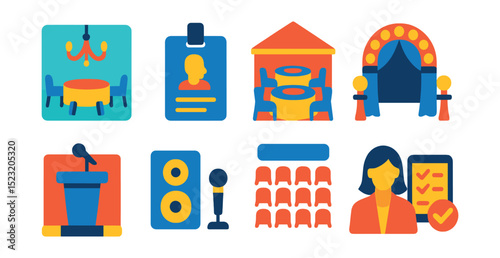 Flat vector icons of hotel event spaces: ballroom icon, conference room badge, banquet hall, wedding setup, stage podium, audio equipment, seating arrangement, event planner.