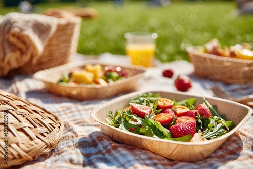 Enjoying a biodegradable picnic on a sunny grass field with fresh salads and drinks photo