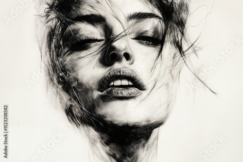 Monochrome pencil drawing in charcoal of a woman's face