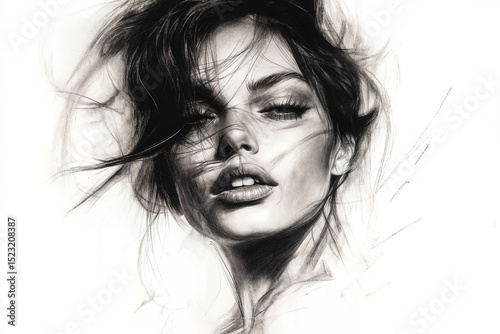 Monochrome pencil drawing in charcoal of a woman's face