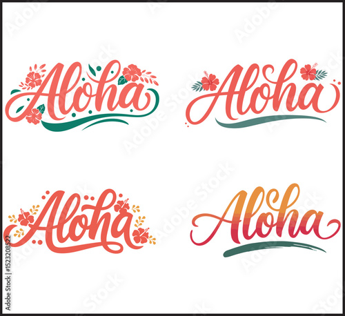 Aloha hand lettering text with hibiscus flower. Hawaii floral t-shirt print. Summer hello phrase in bright colours. Isolated vector template for poster, greeting card,  beach party invitation