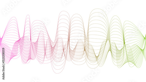 Vector curvy abstract line art wavy flowing dynamic green pink purple yellow black in concept music or sound, wave, wind, information flow