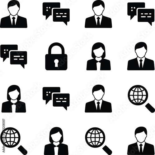 Corporate communication and security icons with business people isolated on transparent background

