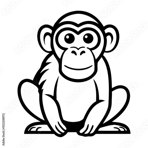 Cartoon chimpanzee sitting with a cheerful expression on white background  