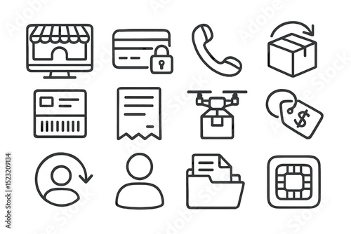 E-commerce and delivery icons: shopping, payment, shipping, and communication symbols