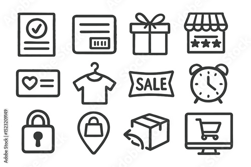 Shopping and delivery icons with lock and clock illustrations on dark background