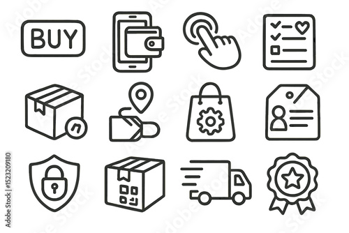 E-commerce icon set: shopping, delivery, security, and payment symbols