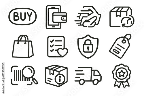 E-commerce icon set: shopping, delivery, security, payment, tracking