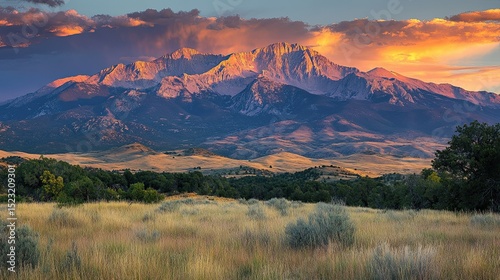 Majestic mountain range under a vibrant sunset sky with golden field in the foreground view landscape