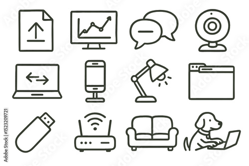 Digital communication and work icons: laptop, smartphone, usb, router, webcam