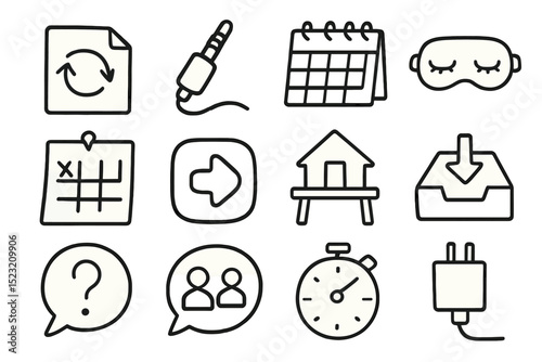 Collection of various simple black and white icons and symbols for everyday use
