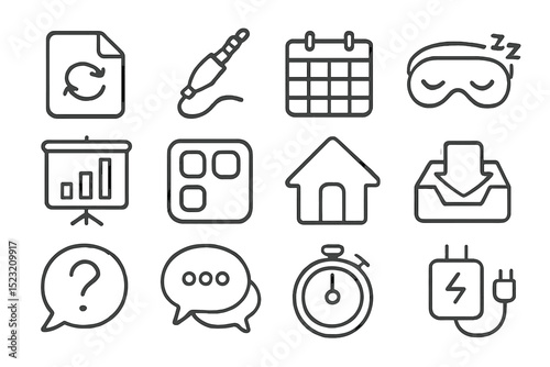 Set of gray line icons featuring calendar, sleep mask, and more