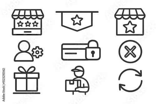 E-commerce icons set: store, security, gift, delivery, update