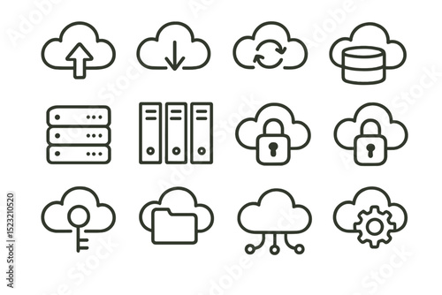 Cloud computing icons for data storage and security on olive green background