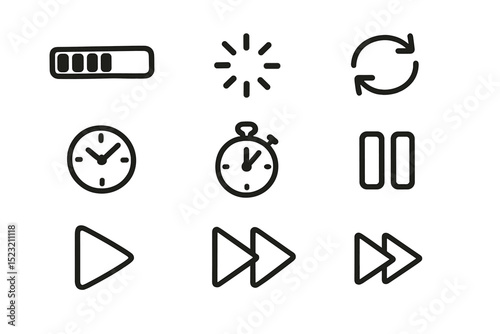 Set of black multimedia and time icons on brown background
