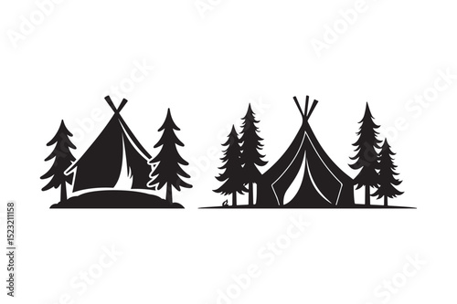 Camping Tents and Pine Trees Silhouettes