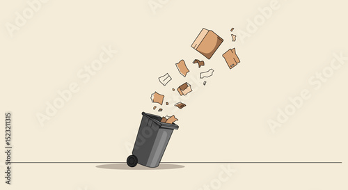  Overflowing trash can with flying garbage in beige minimal style for waste management visuals with copy space