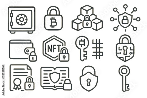 Blockchain security icons featuring bitcoin wallets and secure keys